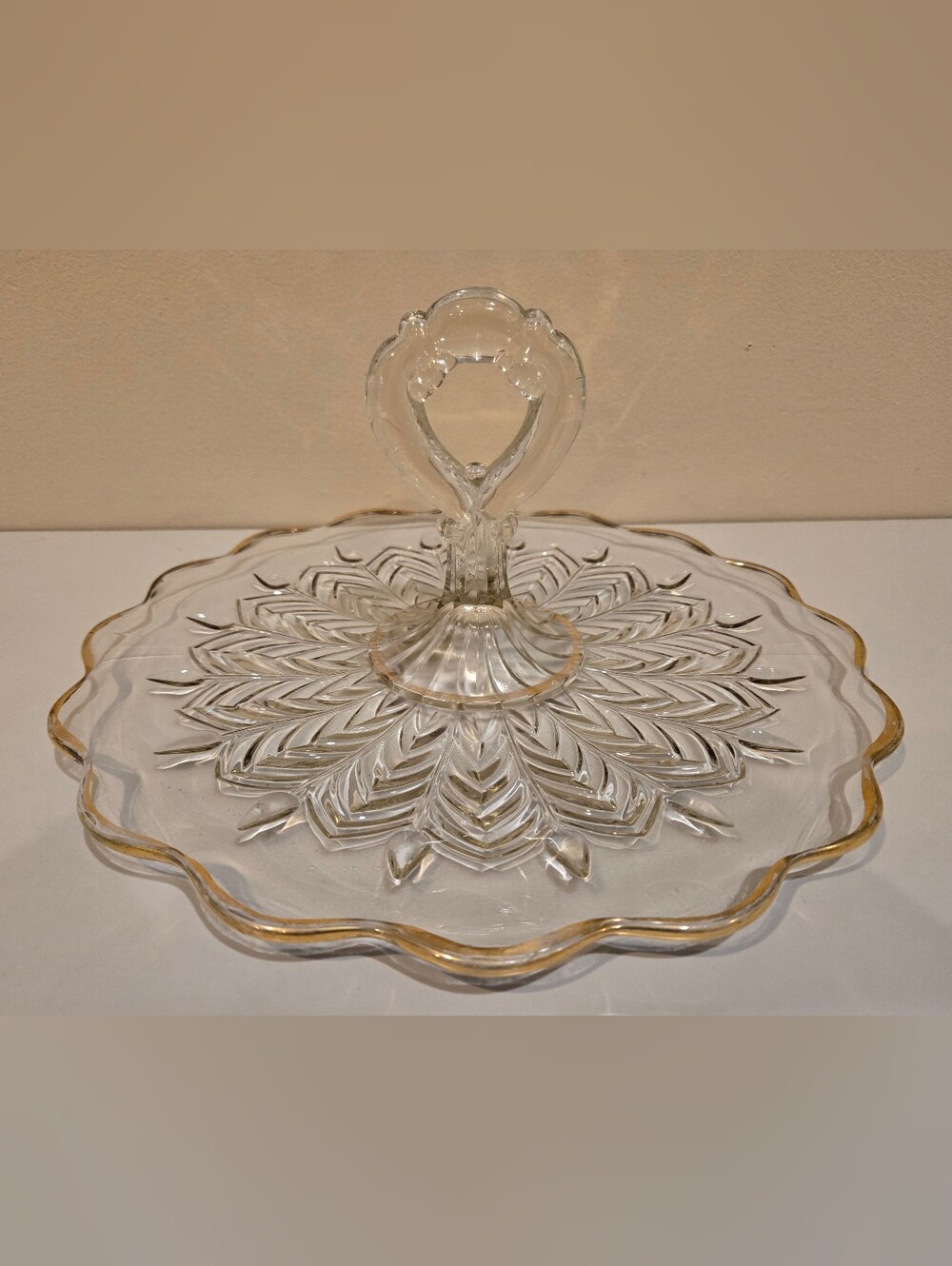 Vintage Jeannette Glass Center Handle Sandwich And Cake Plate Feather Pattern
